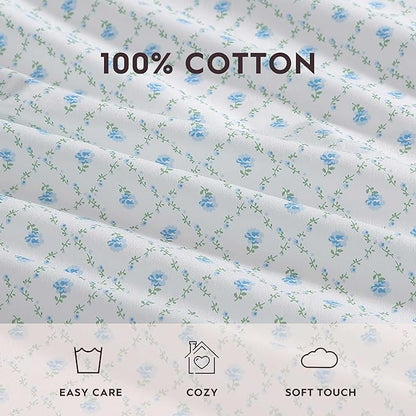 Laura Ashley - Full Sheet Set, Crisp & Cool Cotton Percale Bedding with Deep Pockets, Lightweight for Year Round Comfort, Bed Sheets with Matching Pillowcases (Kate Blue)