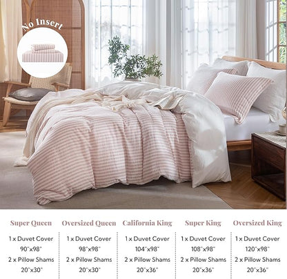 MILDLY Pink Striped Duvet Cover - 100% Washed Cotton Jacquard Textured Comforter Cover with Dual Zipper Closure & 8 Coner Ties