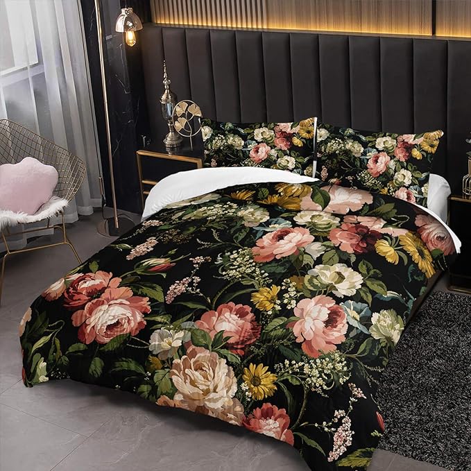 Black Floral Comforter Set Twin Colorful Floral Bedding Sets 3PCS for Kids Teen Adult Flowers Leaves Room Decor Ultra-Soft Lightweight Microfiber 1 Comforter with 2 Pillowcases