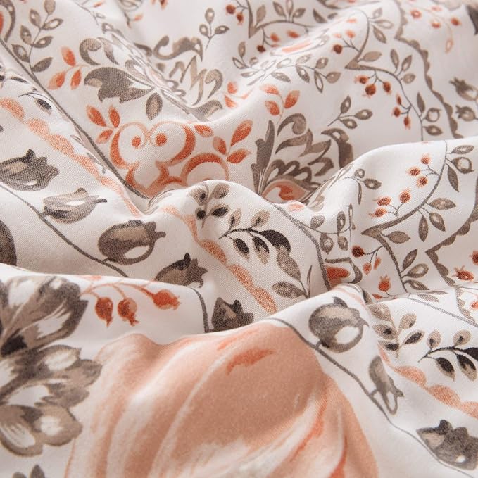 CLOTHKNOW Light Brown Floral Queen Comforter Set Botanical Bedding Comforter Sets Boho Comforter Pumpkin Comforter Queen with 2 x Pillow Cases