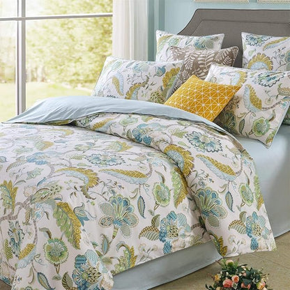 mixinni Boho-Chic King Size Duvet Cover Paisley Light Blue and Light Green Long Staple Cotton Bedding Set 1 Duvet Cover 2 Pillowcases for Him and Her, Easy Care, Soft and Durable- (3pcs, King Size)