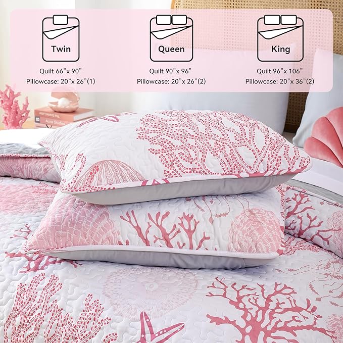 weigelia Coastal Quilts Bedding Set King Size - Pink Summer Nautical Bedding Quilt with Pillow Cases, Beach Reversible Quilt Set Ocean Coral Bedspreads Coverlet Soft Lightweight Comforter