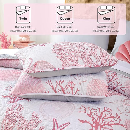 weigelia Coastal Quilts Bedding Set King Size - Pink Summer Nautical Bedding Quilt with Pillow Cases, Beach Reversible Quilt Set Ocean Coral Bedspreads Coverlet Soft Lightweight Comforter