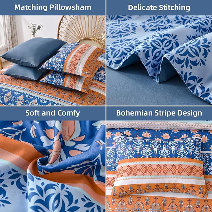 WONGS BEDDING Boho Comforter Set Full, Blue and Orange Bedding Set 7 Pieces Bed in a Bag Bohemian Striped Bedding Comforter Sets Soft Microfiber Comfortet and Sheet Set for All Season