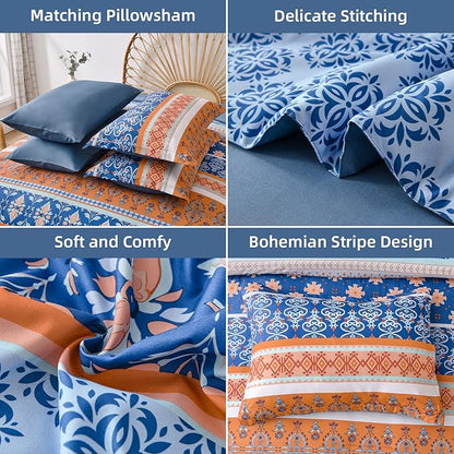 WONGS BEDDING Boho Comforter Set Full, Blue and Orange Bedding Set 7 Pieces Bed in a Bag Bohemian Striped Bedding Comforter Sets Soft Microfiber Comfortet and Sheet Set for All Season