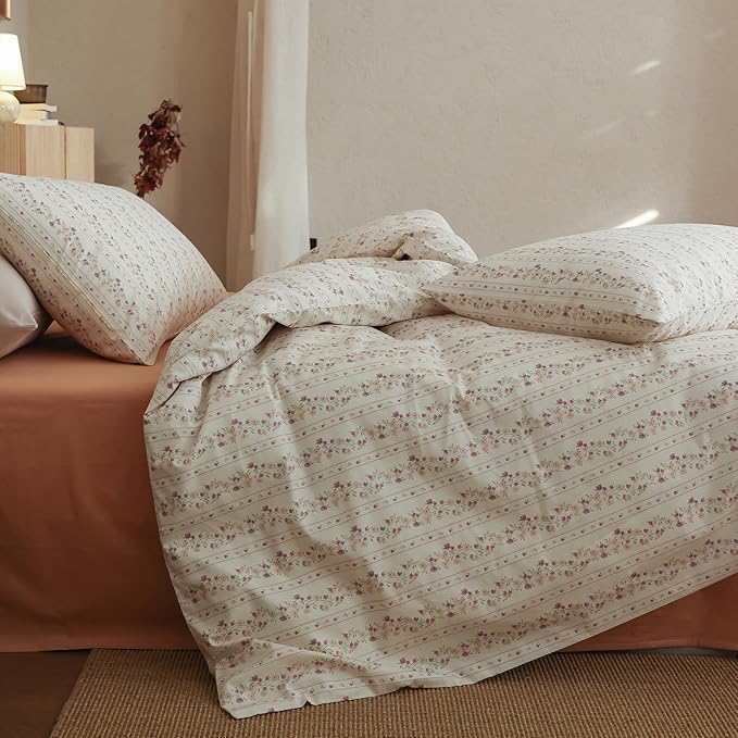 Floral Comforter Queen Size Set Cotton Boho Bedding Set Fluffy Girls Down Alternative All Season Bedding Comforter Sets Cozy Light Weight Cute Farmhouse Bed Comforter with 2 Pillowcases