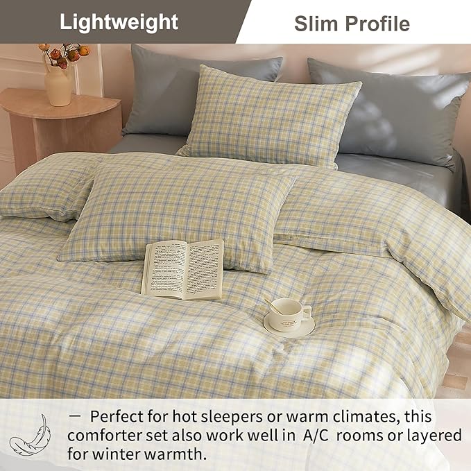 EAVD Blue Yellow Gingham Comforter Set Queen Soft Modern Grid Plaid Comforter Set 3 Pieces Reversible Grid Checkered Pattern Bedding with 2 Pillowcases Farmhouse Gingham Bedding Set for All-Season