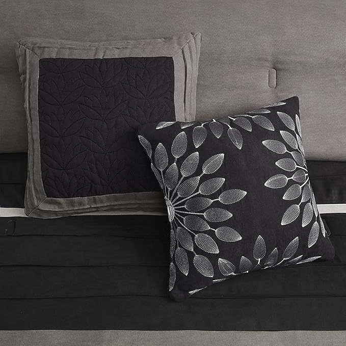 Madison Park Palmer Comforter Set - Faux Suede Design, Striped Accent, All Season Down Alternative Bedding, Matching Shams, Decorative Pillow, Bed Skirt, Full (82 in x 90 in), Black 7 Piece