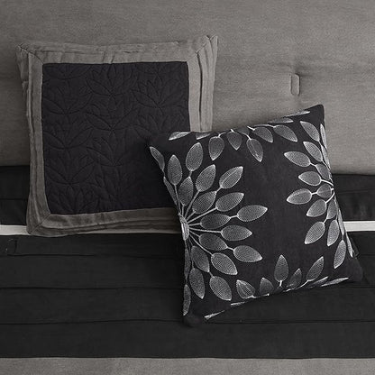 Madison Park Palmer Comforter Set - Faux Suede Design, Striped Accent, All Season Down Alternative Bedding, Matching Shams, Decorative Pillow, Bed Skirt, Full (82 in x 90 in), Black 7 Piece