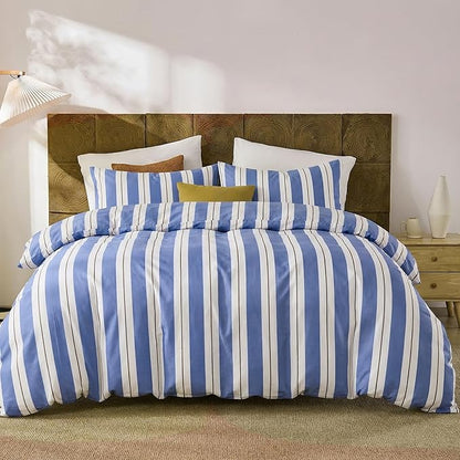 Merryword Blue and White Striped Duvet Cover Set King Size 100% Cotton Bedding Set with Modern Coastal Style Soft Breathable Linen Like Bedding Set 3 Pieces