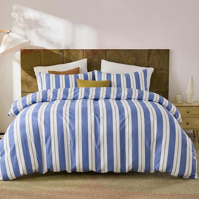 Merryword Blue and White Striped Duvet Cover Set Queen Size 100% Cotton Bedding Set with Modern Coastal Style Soft Breathable Linen Like Bedding Set 3 Pieces