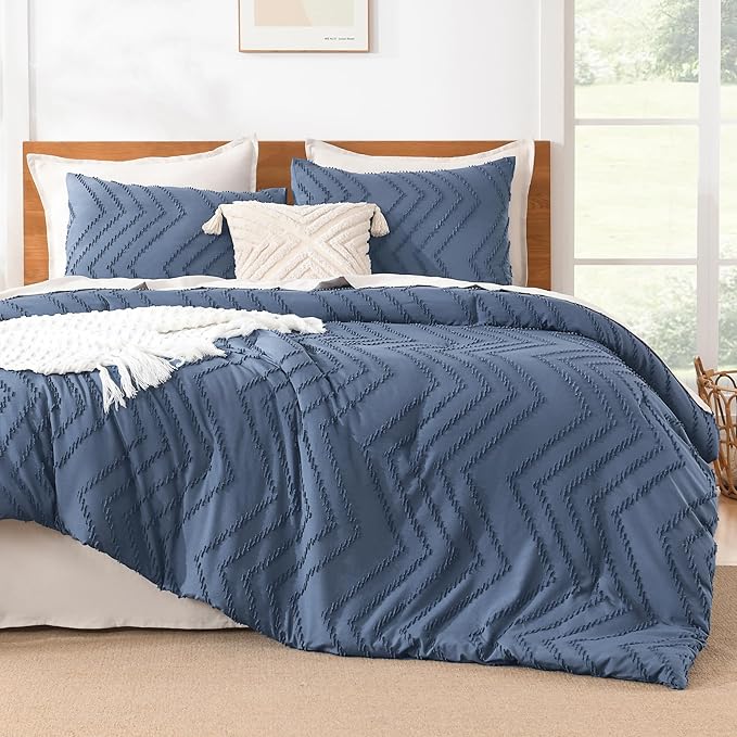 Litanika Comforter Oversized King Size Set Ocean Blue, 3 Pieces Chevron Tufted Solid Bedding Comforter Sets, Fluffy Bed Set