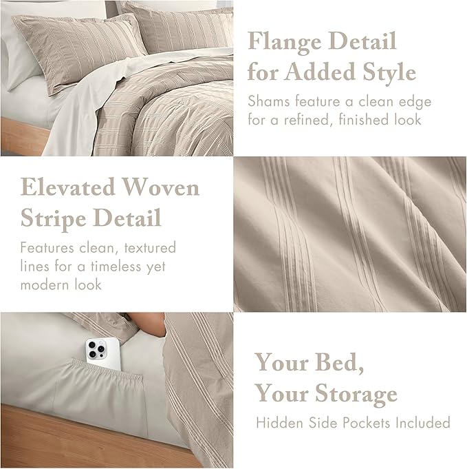 Madison Park Essentials Striped Comforter Set King, 7 Pieces Modern Minimalist Jacquard Bedding Set for All Season, Bed in A Bag with Sheet Set and Soft Brushed Reverse, Lightweight Neutral