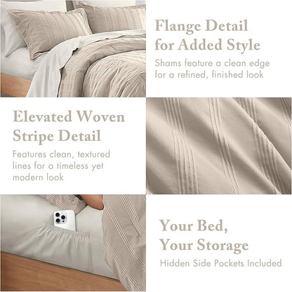Madison Park Essentials Striped Comforter Set King, 7 Pieces Modern Minimalist Jacquard Bedding Set for All Season, Bed in A Bag with Sheet Set and Soft Brushed Reverse, Lightweight Neutral