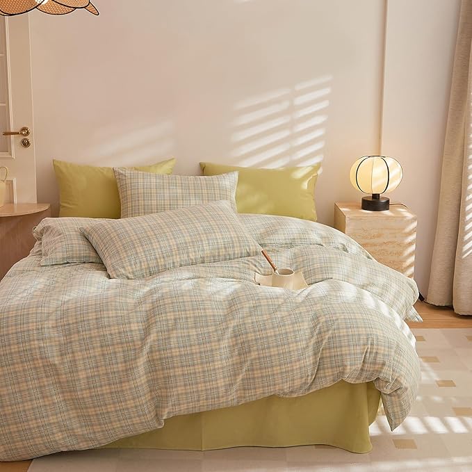 Plaid Comforter Sets Queen Cute Fluffy Bedding Set All Season Down Alternative Washed Cotton Rustic Bedding Comforter Sets Boho Puffy Super Soft Farmhouse Bed Comforter with 2 Pillowcases