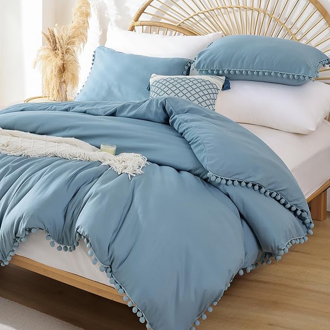 YIRDDEO Full Size Comforter Sets - Full Size Comforter with Ball Pom Fringe, Soft Bedding Set for All Seasons - 3 Pieces, 1 Comforter (79"x90") & 2 Pillow Shams(20"x26"), Dusty Blue
