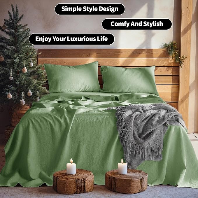 LBRO2M 100% Pure Linen Sheet Set Deep Pocket Up to 16" Bed Sheets Sets, Natural Flax Beddings Soft, Breathable, Comfortable for All Seasons 4 Pcs Sheet Set Full Size, Green