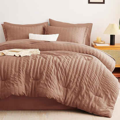 CozyLux Full Size Comforter Sets with Sheets 7 Pieces, Mocha Mousse Seersucker Bed in a Bag Textured Luxury Soft Bedding Set with Down Alternative Comforter, Sheets, Pillowcases & Shams for All Season