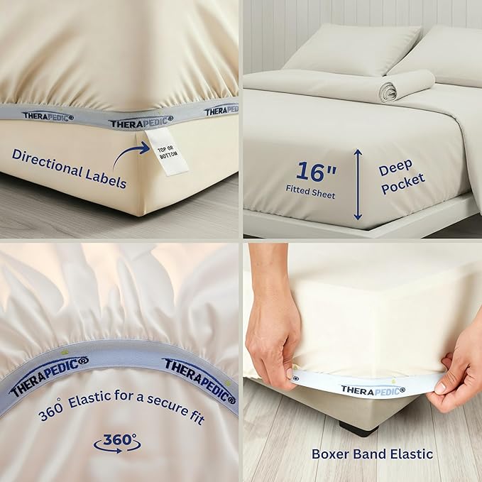 Therapedic 100% Egyptian Cotton King 6-Piece Sheet Set – Naturally Cooling & Breathable Sateen, Preshrunk Garment Wash, 16" Deep Pocket Fitted Sheet, Bonus Pillowcases, Soft & Durable - Light Blue