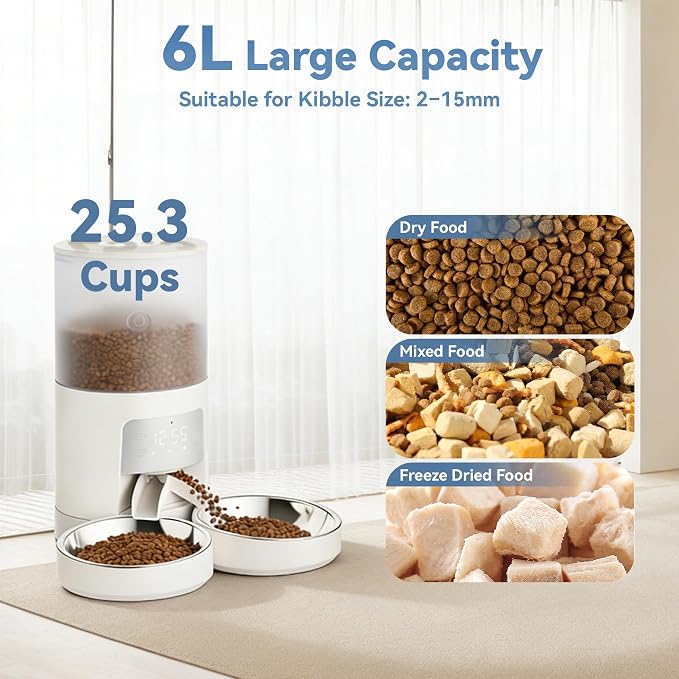 Sweetcrispy Automatic Cat Feeder, 4L Cat Food Dispenser with APP, White | 2.4G WiFi, Applicable for Dry Food, 16.9 Cups, 10 Meals/Day, 50 Portions/Meal, 10s Voice Recorder, Dual Power Supply