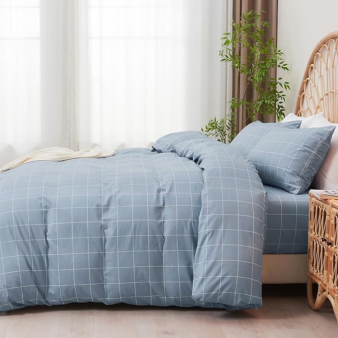 JELLYMONI 100% Natural Cotton 3pcs Plaid Duvet Cover Sets, Checkered Full Comforter Cover, 1 Duvet Cover and 2 Pillow Cases with Zipper Closure & Corner Ties, Grayish Blue