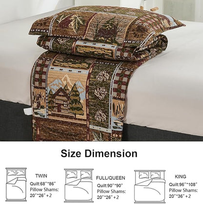 Moose Bear Quilt Set Full/Queen Size Rustic Cabin Bedding Set Reversible Quilts Home Lodge Bedspread Coverlet Wildlife Bears Pine Tree Bedding Woodland Plaid Patchwork Quilted Bed Spread Country Decor