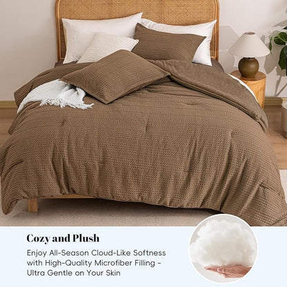 PHF Soft Waffle Comforter Set Queen Size- Comfy Breathable Waffle Weave Comforter with 2 Pillow Shams, 3 Pieces Less Snagging Lightweight Textured Bedding Set for All Season, Mocha