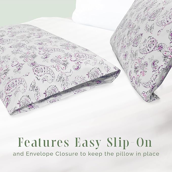 Elegant Comfort Ultra Soft Set of 2 Floral Print Pillowcases - 1500 Premium Hotel Quality Microfiber, Soft and Smooth Envelope Closure 2-Piece Pillow Covers - King, Paisley Purple
