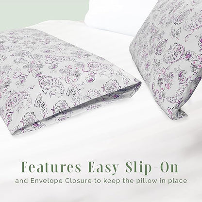 Elegant Comfort Ultra Soft Set of 2 Floral Print Pillowcases - 1500 Premium Hotel Quality Microfiber, Soft and Smooth Envelope Closure 2-Piece Pillow Covers - King, Paisley Purple