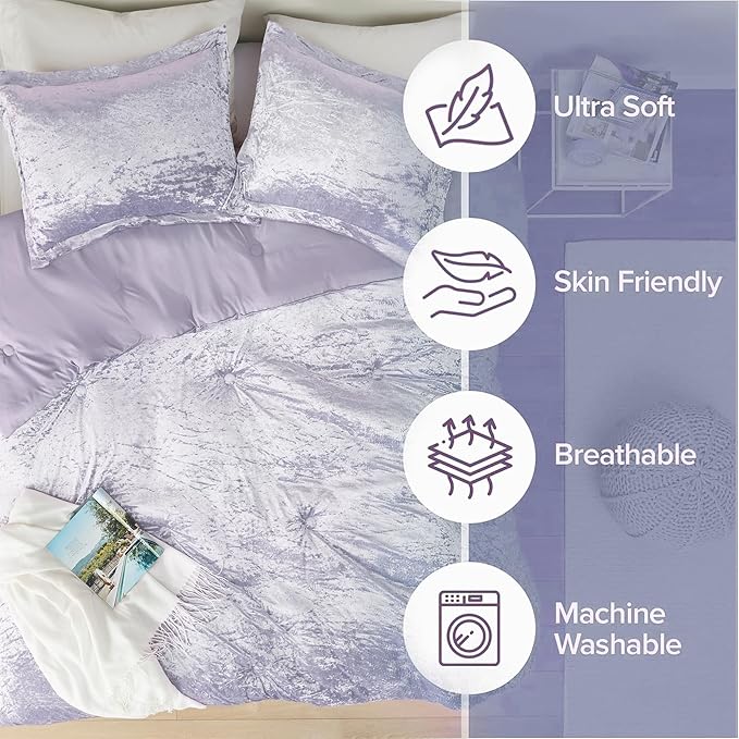 Comfort Spaces Juliette Luxe Comforter Set Velvet Lush with Soft Brushed Microfiber Reverse, All Season Cozy Velvet Bedding Sets, Fluffy Comforter Bed Set, Matching Sham, Purple Twin/Twin XL 2 Piece