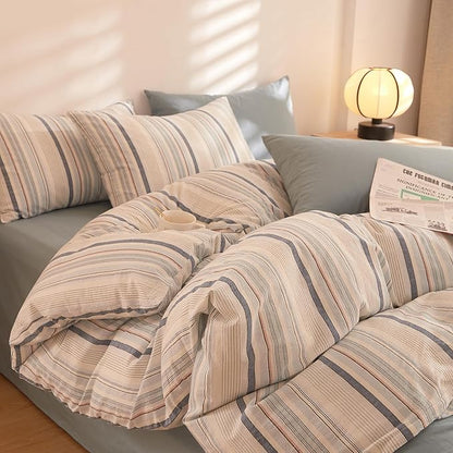 EAVD Striped Comforter Set Queen Multi-Color Striped Bedding Comforter Set 3 Pieces Farmhouse Geometric Bedding Set with 2 Pillowcases for All-Season Soft Fluffy Lightweight