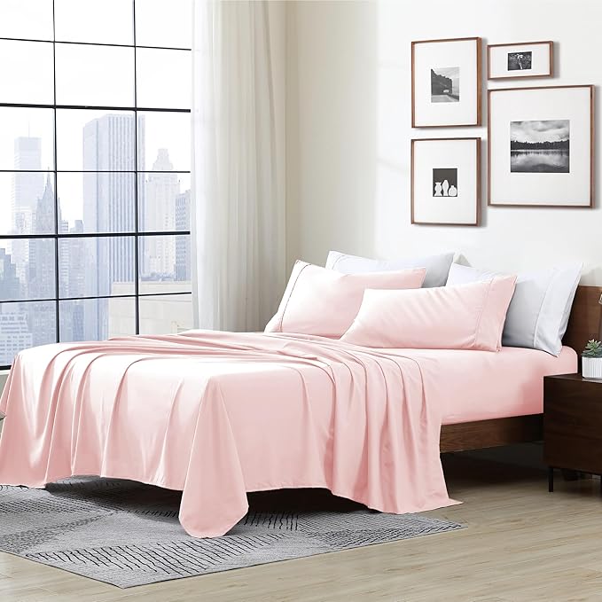 Cathay Home Essentials Ultra Soft Hypoallergenic Wrinkle Resistant Double Brushed Microfiber Bedding Sheet Set, Blush, California King