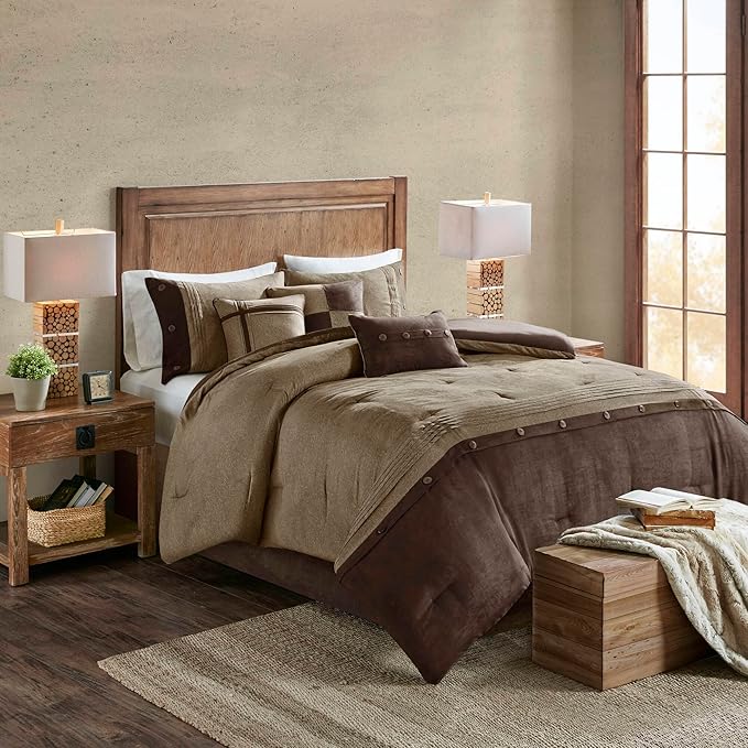 Madison Park Boone Cozy Comforter Set, Faux Suede, Deluxe Hotel Styling All Season Down Alternative Bedding Matching Shams, Decorative Pillow, Queen (90 in x 90 in), Rustic Brown 7 Piece