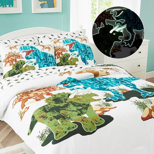 Full Kids Comforter Set - 7 Pieces Full Bedding Sets for Boys Teen, Glow in The Dark Dinosaurs Bed in A Bag with Sheets