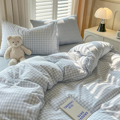 Blue Gingham Queen Comforter Down Alternative Washed Cotton Bedding Set Boho Fluffy Cozy Cute Bedding Comforter Sets Soft All Season Farmhouse Plaid Bed Comforter with 2 Pillowcases