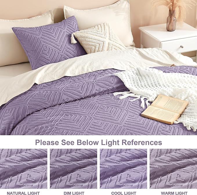 Litanika Grayish Purple Queen Comforter Set, 3 Pieces Tufted Boho Farmhouse Bedding Comforter Sets, Lightweight Fluffy Comforter Bed Set for All Season (90x90In Comforter and 2 Pillowcases)