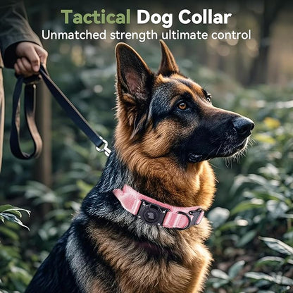 2026 Upgrade Waterproof Tactical AirTag Dog Collar, Built in AirTag Holder | Comfortable Control Handle, Quick Release Metal Buckle, Durable 1000D Nylon, For Medium to Large Dogs, Pink,L