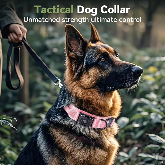 2026 Upgrade Waterproof Tactical AirTag Dog Collar, Built in AirTag Holder | Comfortable Control Handle, Quick Release Metal Buckle, Durable 1000D Nylon, For Medium to Large Dogs, Pink,XL