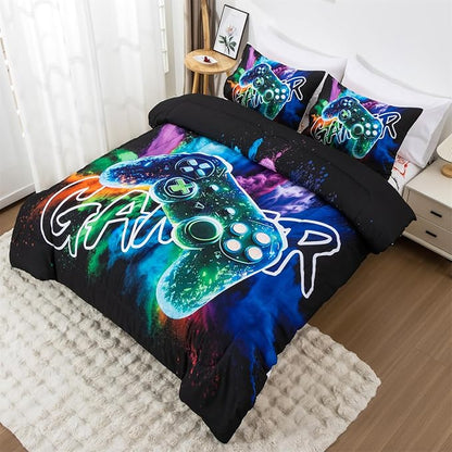 Aimuan Gamer Gaming Bedding Sets 3D Gamepad Comforter Sets for Boys Games Console Action Buttons Novelty Colorful Game Controller Modern Room Decor Home Quilt Set (Black-Green, Twin)