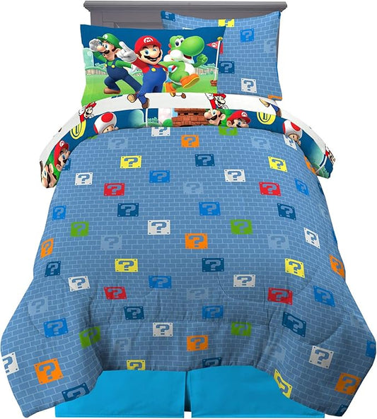 Super Mario Bros Kids Bedding Super Soft Cozy Reversible Comforter and Sheet Set with Sham, 5 Piece Twin Size Nintendo Gamer Bed Set, (100% Officially Licensed Product) by Franco