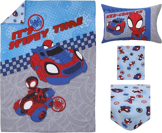 NoJo Marvel Spiderman Spidey and his Amazing Friends Spidey Time Red, Blue, and Grey 4 Piece Toddler Bed Set - Comforter, Fitted Bottom Sheet, Flat Top Sheet, and Reversible Pillowcase