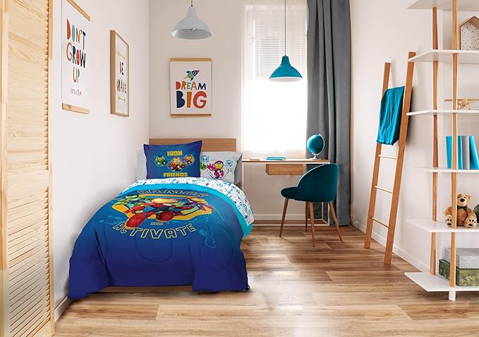 Sunny Side Up Kids Comforter Set Includes Sheets and Pillow Covers - Soft and Cozy Bed Set for Stylish Room Decor, Blue - Iron Man and His Awesome Friends, 7 Piece Full Size Bedding