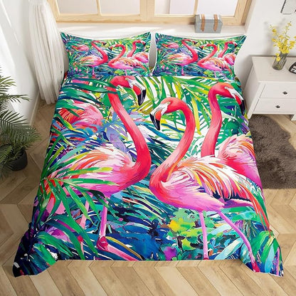 Erosebridal Flamingo Comforter Set Queen Size, Tropical Leaves Room Decor Down Comforter, Palm Tree Pattern Quilted Duvet, Colorful Comforter Set, with 2 Pillow Cases,Super Soft Breathable