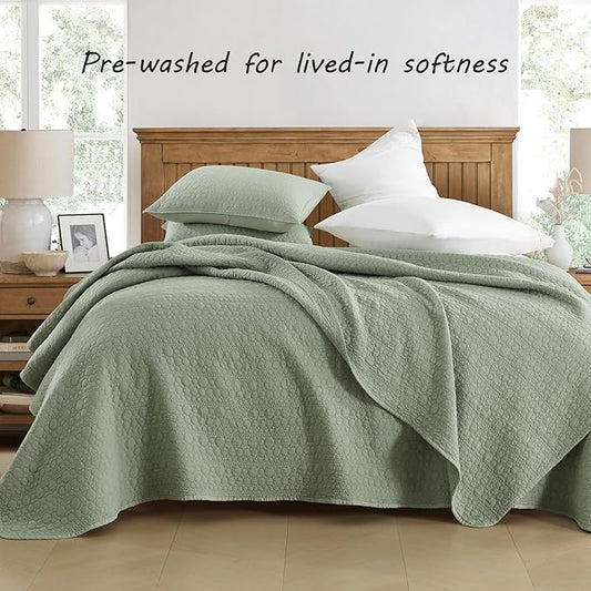 HORIMOTE HOME Quilt Set Twin Size Sage Green, Classic Geometric Spots Stitched Pattern, Pre-Washed Microfiber Chic Rustic Look, Ultra Soft Lightweight Quilted Bedspread for All Season, 2 Pieces