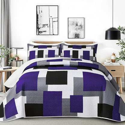 3 Piece Dark Purple Grey Quilt Set King Size Black White Geometric Reversible Bedding Set Microfiber Lightweight Bedspread Coverlet with 2 Shams Modern Bed Covers for All Season, 106''x96''