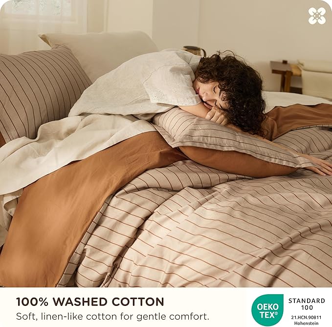 Bedsure Striped Duvet Cover King Size, 100% Washed Cotton PureWoven Duvet Cover Linen Like Textured, Classic Striped Pattern Enhances Bedroom Comfort and Style, Stripes Camel/Brown, 104"x90"
