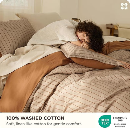 Bedsure Striped Duvet Cover King Size, 100% Washed Cotton PureWoven Duvet Cover Linen Like Textured, Classic Striped Pattern Enhances Bedroom Comfort and Style, Stripes Camel/Brown, 104"x90"