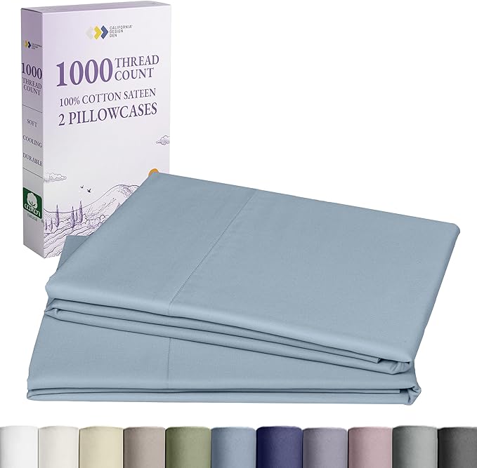 California Design Den King Size Pillowcases Set of 2-1000 Thread Count Sateen, Soft and Thick 100% Cotton King Size Pillow Covers, Durable - Blue
