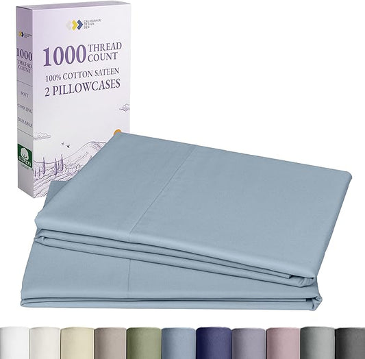 California Design Den Pillow Cases Standard Size Set of 2-1000 Thread Count Sateen, Soft and Thick 100% Cotton Standard/Queen Pillowcases, Durable - Blue