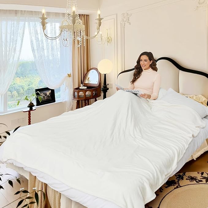 Electric Heated Blanket Queen Size 84"x90", with Dual Control Breathable & Luxurious Flannel, with 4 Heating Levels & 10 Hours Auto-Off, Fast Heating, Machine Washable, for Bedding-White